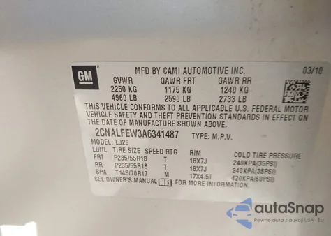 2010 Chevrolet Equinox Ltz z USA, uszkodzony, nr VIN 2CNALFEW3A6341487